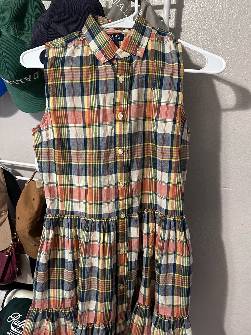 Polo by Ralph Lauren Navy, Coral & Yellow Plaid Sleeveless Shirt Dress